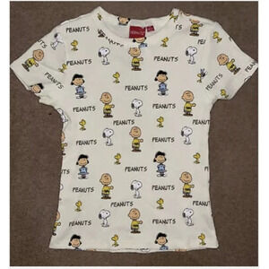 {Peanuts} Original Cream Ribbed T-shirt Kids Charlie Brown Snoopy Top - SM